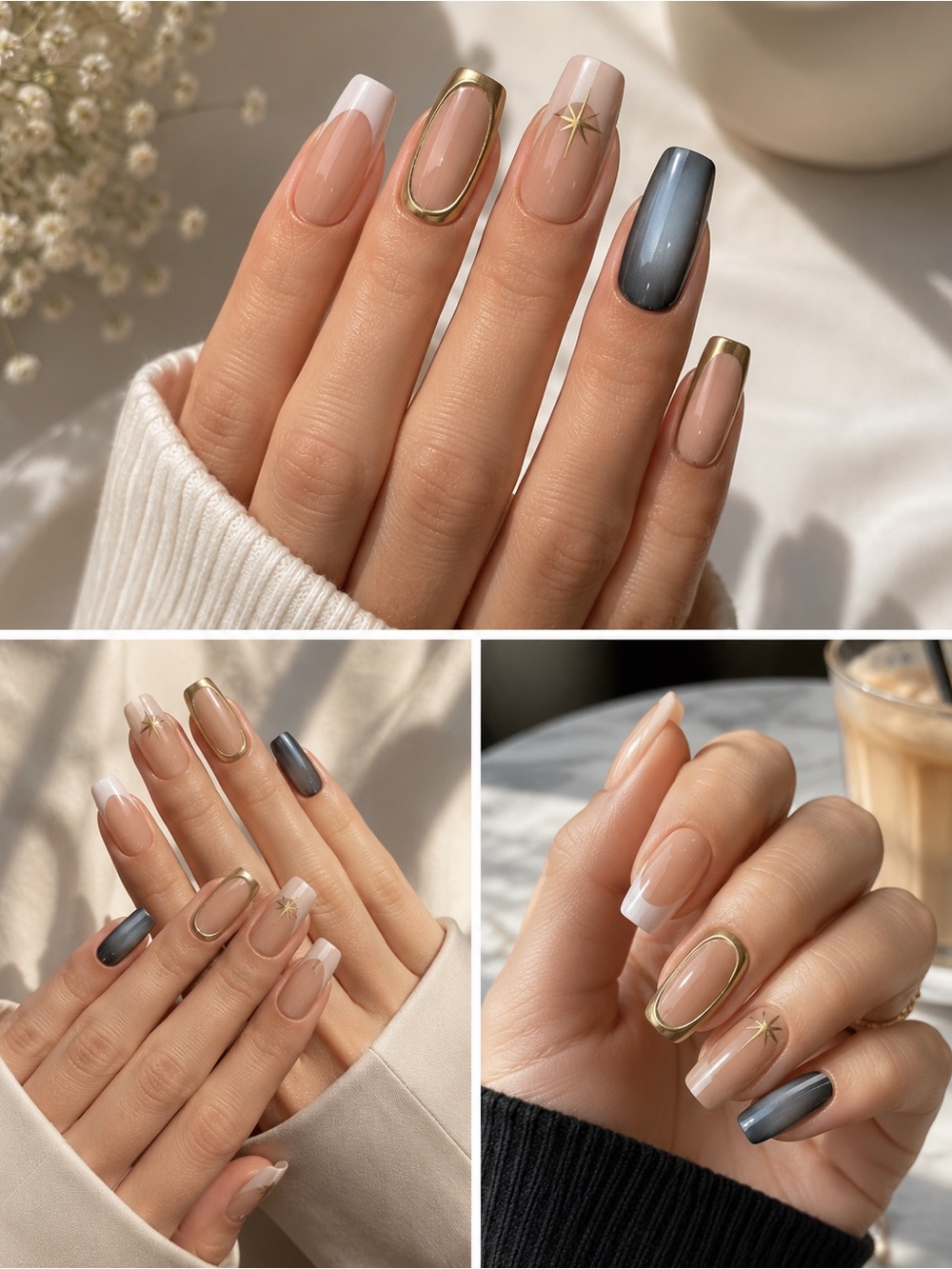 Nude & Metallic Accent long squared length press-On Nail Set Gold Trim and blue